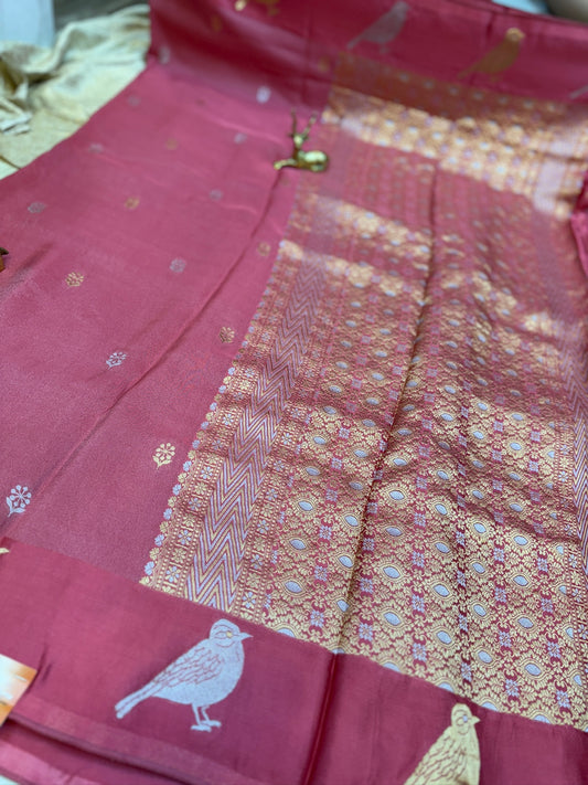 Tissue Satin Silk Saree | Pink with sparrow Butta
