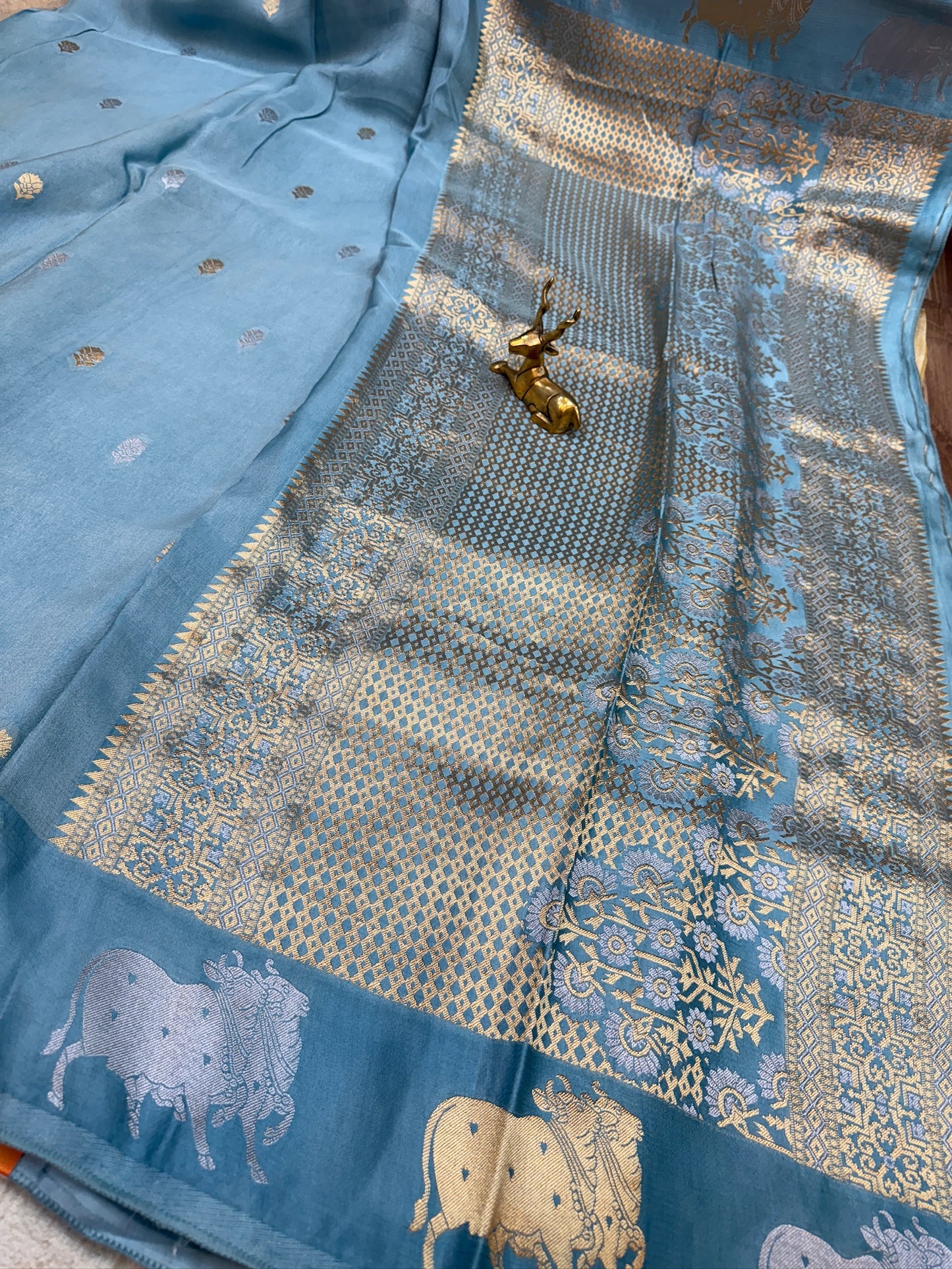 Tissue Satin Silk Saree | Blue with Cow Butta