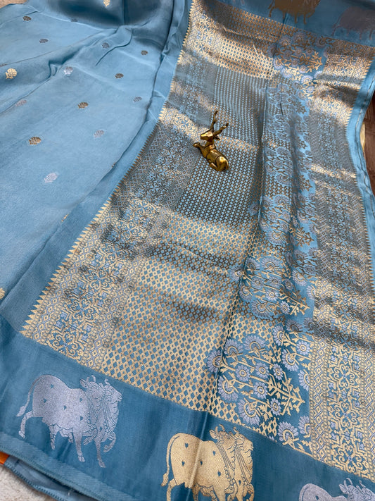 Tissue Satin Silk Saree | Blue with Cow Butta