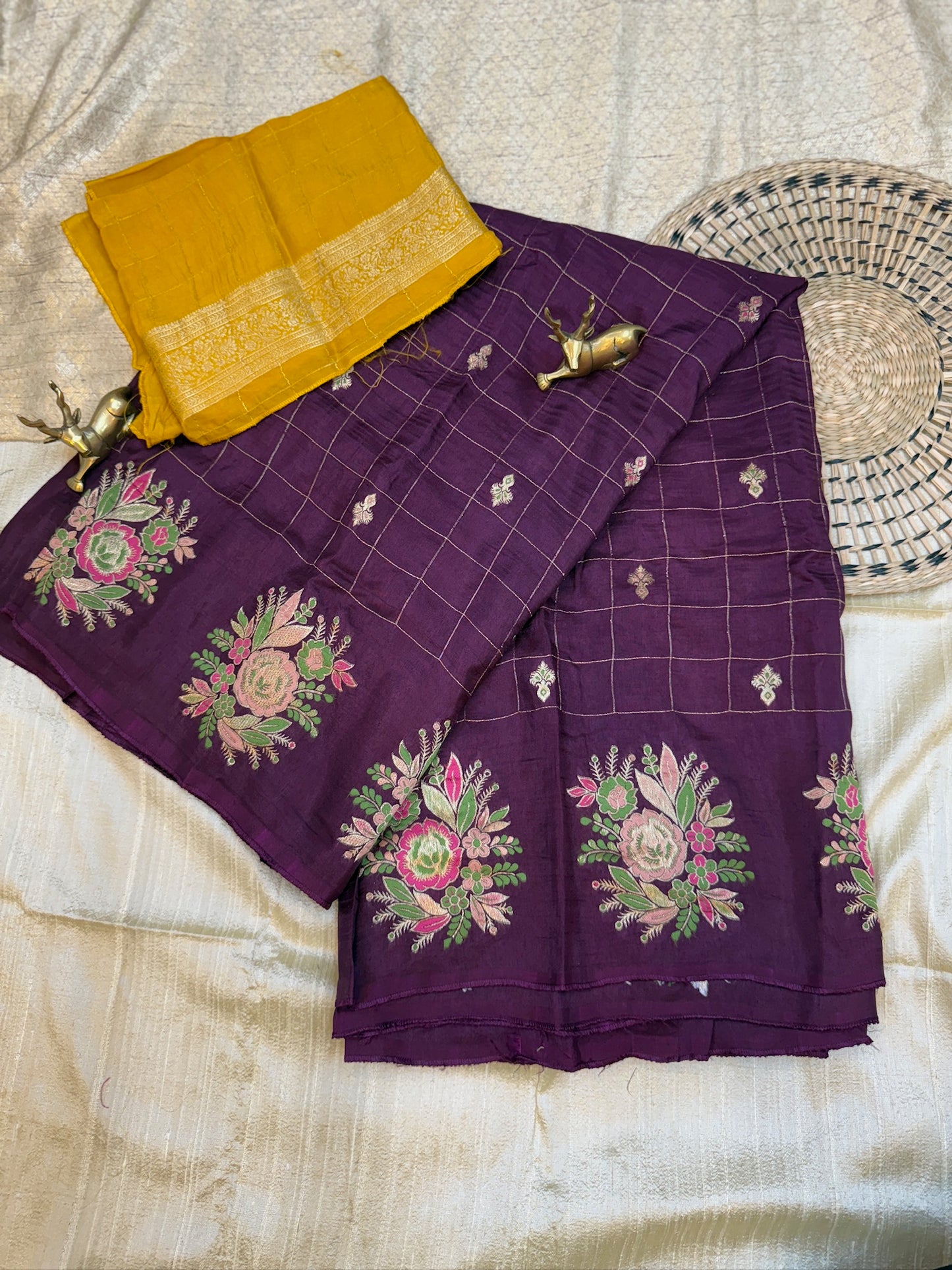Dola Silk Saree with Floral and Checks Butta | Purple
