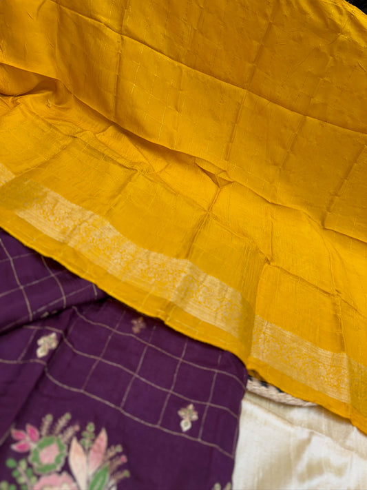 Dola Silk Saree with Floral and Checks Butta | Purple