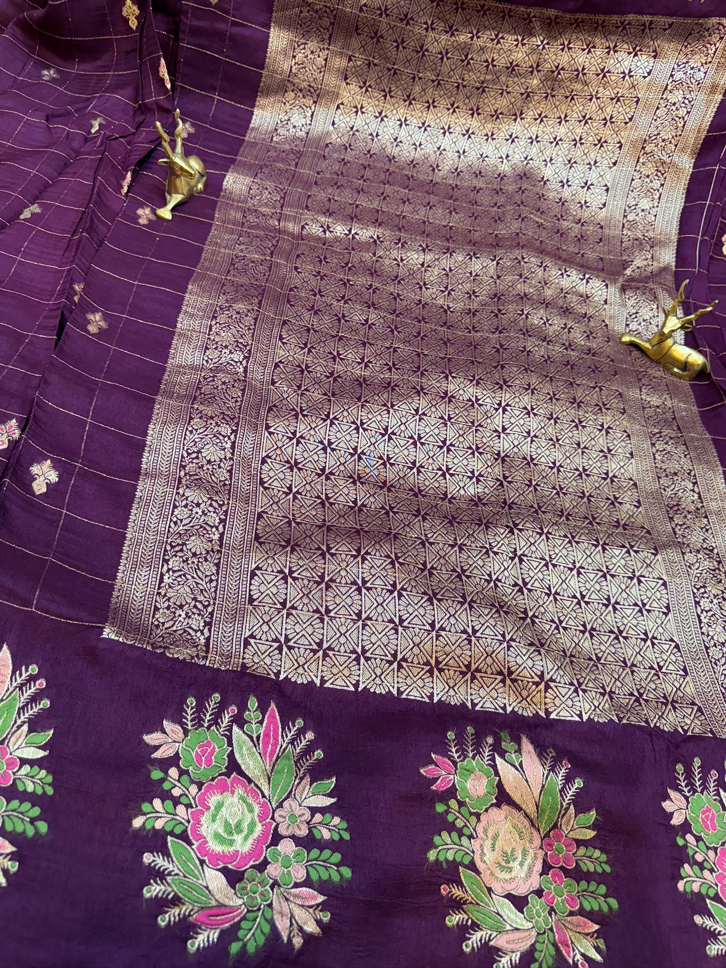 Dola Silk Saree with Floral and Checks Butta | Purple