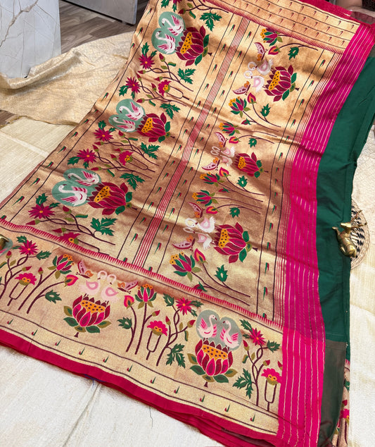 Pure Paithani Silk Saree with Floral Border | Green