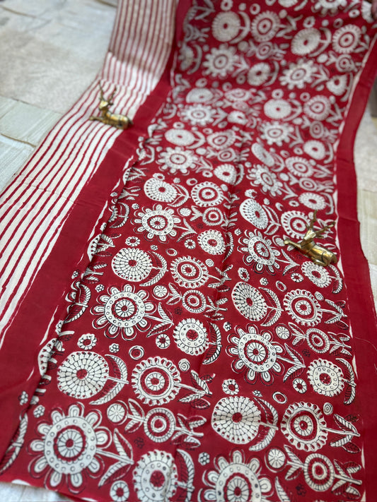 Ajrak Print Modal Silk Saree | Red and White Stripes