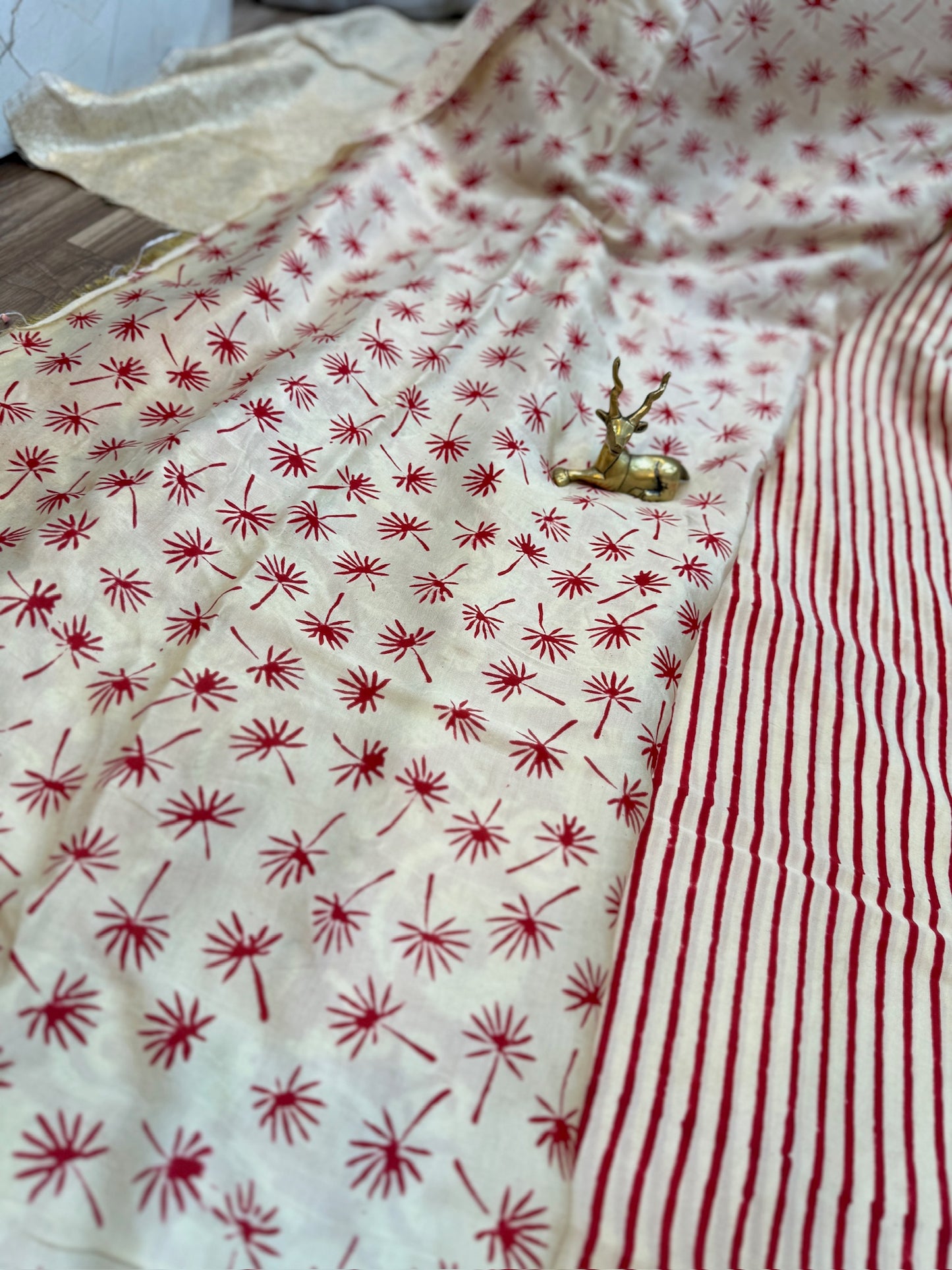 Ajrak Print Modal Silk Saree | Red and White Stripes