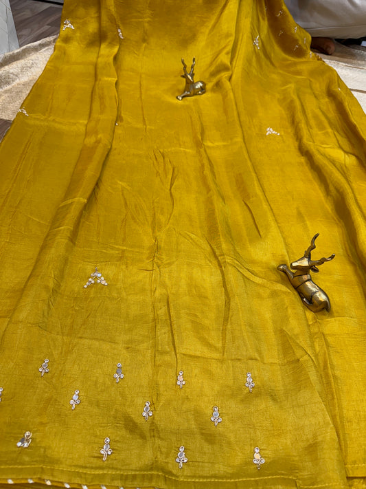 Dola Silk Saree with Mirror Embroidery | Mustard