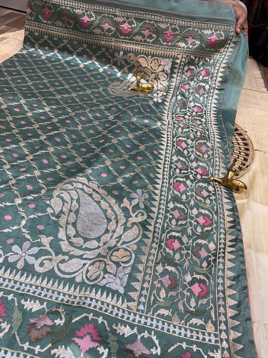 Organza Silk Saree with Zig-Zag Design | Green