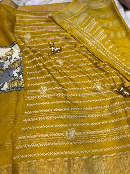Semi Crepe Silk Saree with 3 Part Digital Print | Mustard