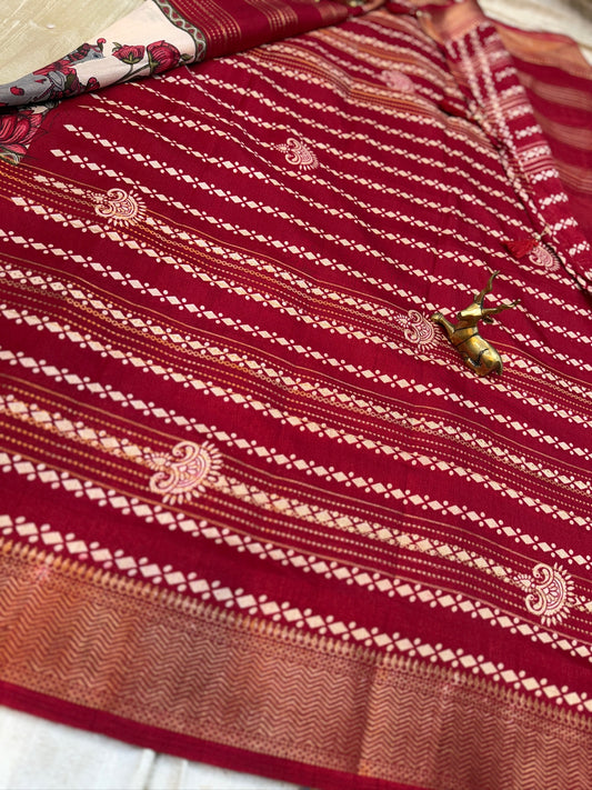 Semi Crepe Silk Saree 3 Part with Digital Print | Red