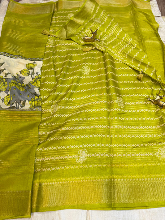 Semi Crepe Silk Saree with 3-Part Digital Print | Green