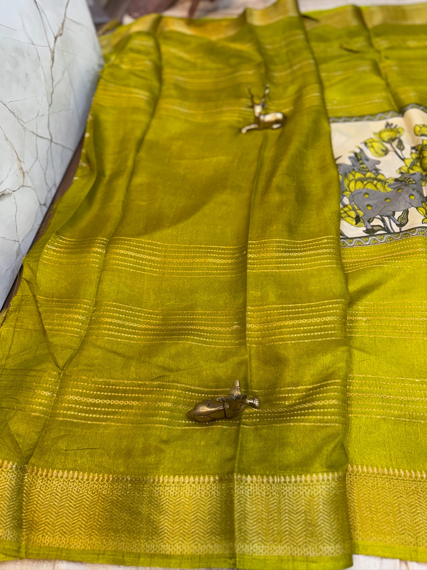 Semi Crepe Silk Saree with 3-Part Digital Print | Green