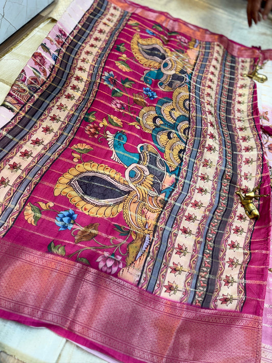 Semi Crepe Silk Saree with 3-part Digital print and Bentex Border | Pink