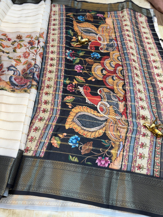 Semi Crepe Silk Saree with 3-part Digital print and Bentex Border | Black