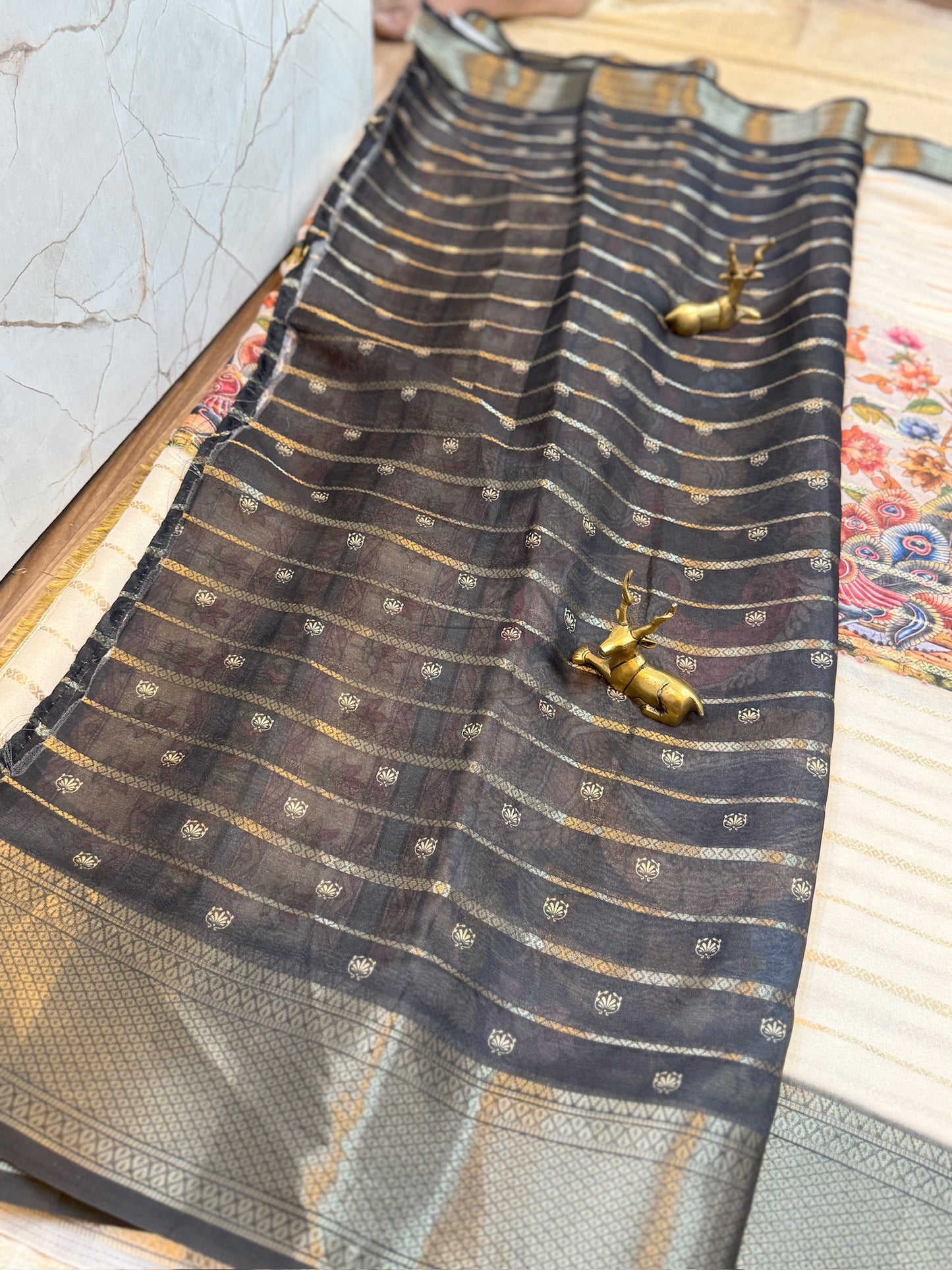 Semi Crepe Silk Saree with 3-part Digital print and Bentex Border | Black