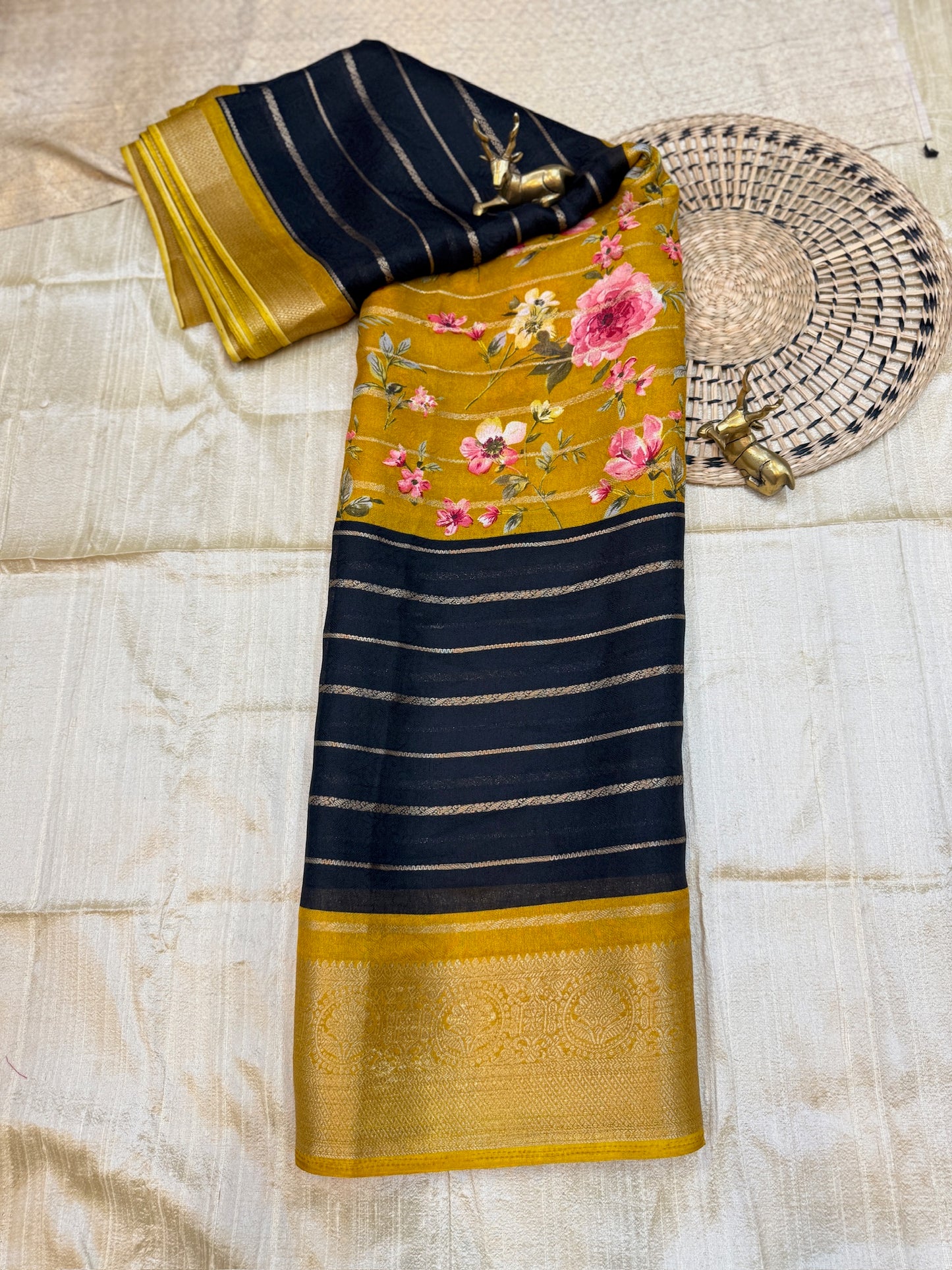 Semi Crepe Silk Saree with 3-part Floral print | Yellow and Black