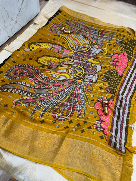 Semi Crepe Silk Saree with 3-part Floral print | Yellow and Black