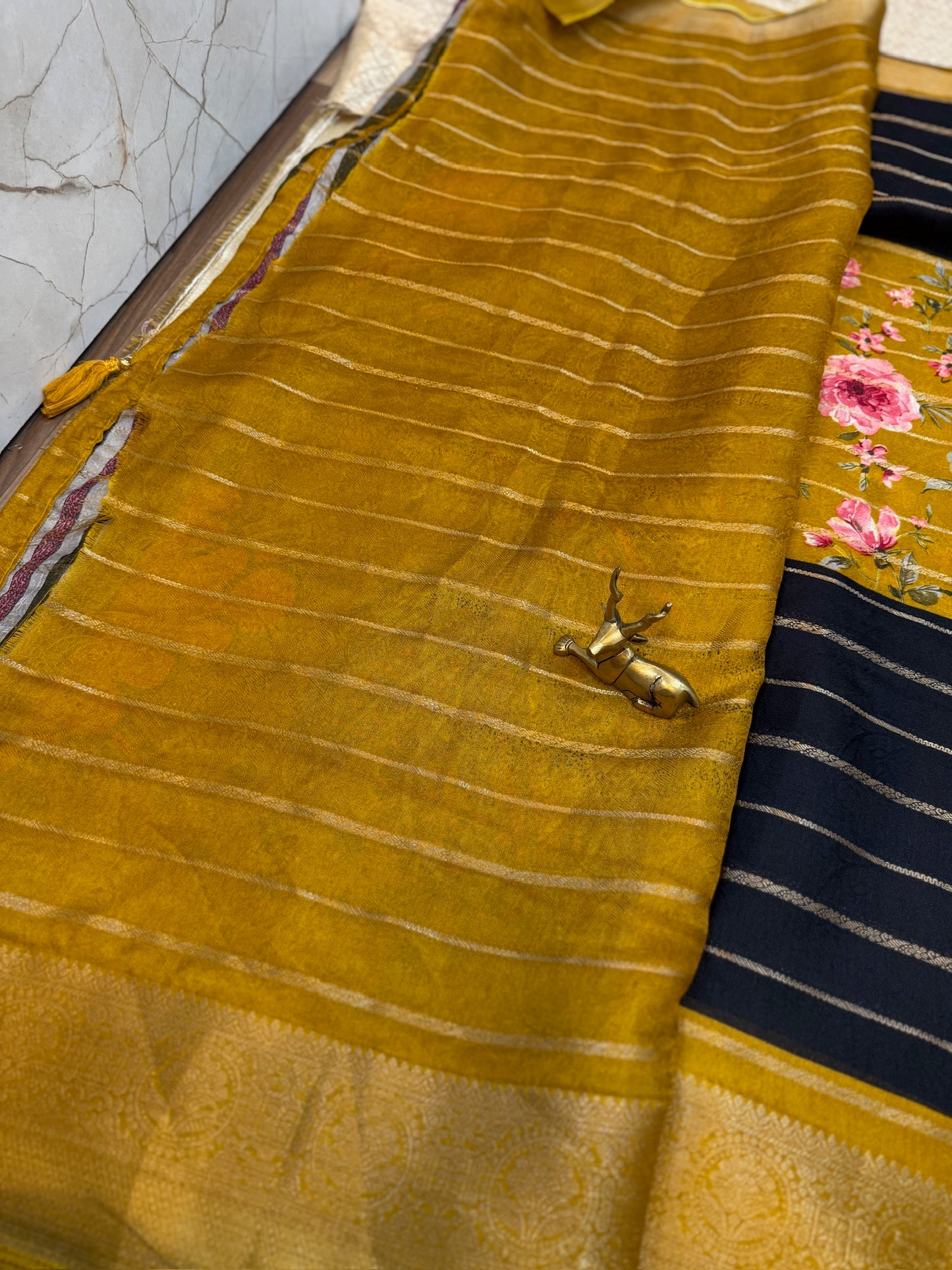 Semi Crepe Silk Saree with 3-part Floral print | Yellow and Black