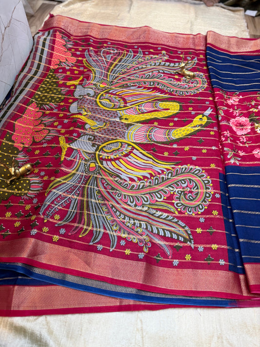 Semi Crepe Silk Saree with 3-part Floral print | Red and Blue