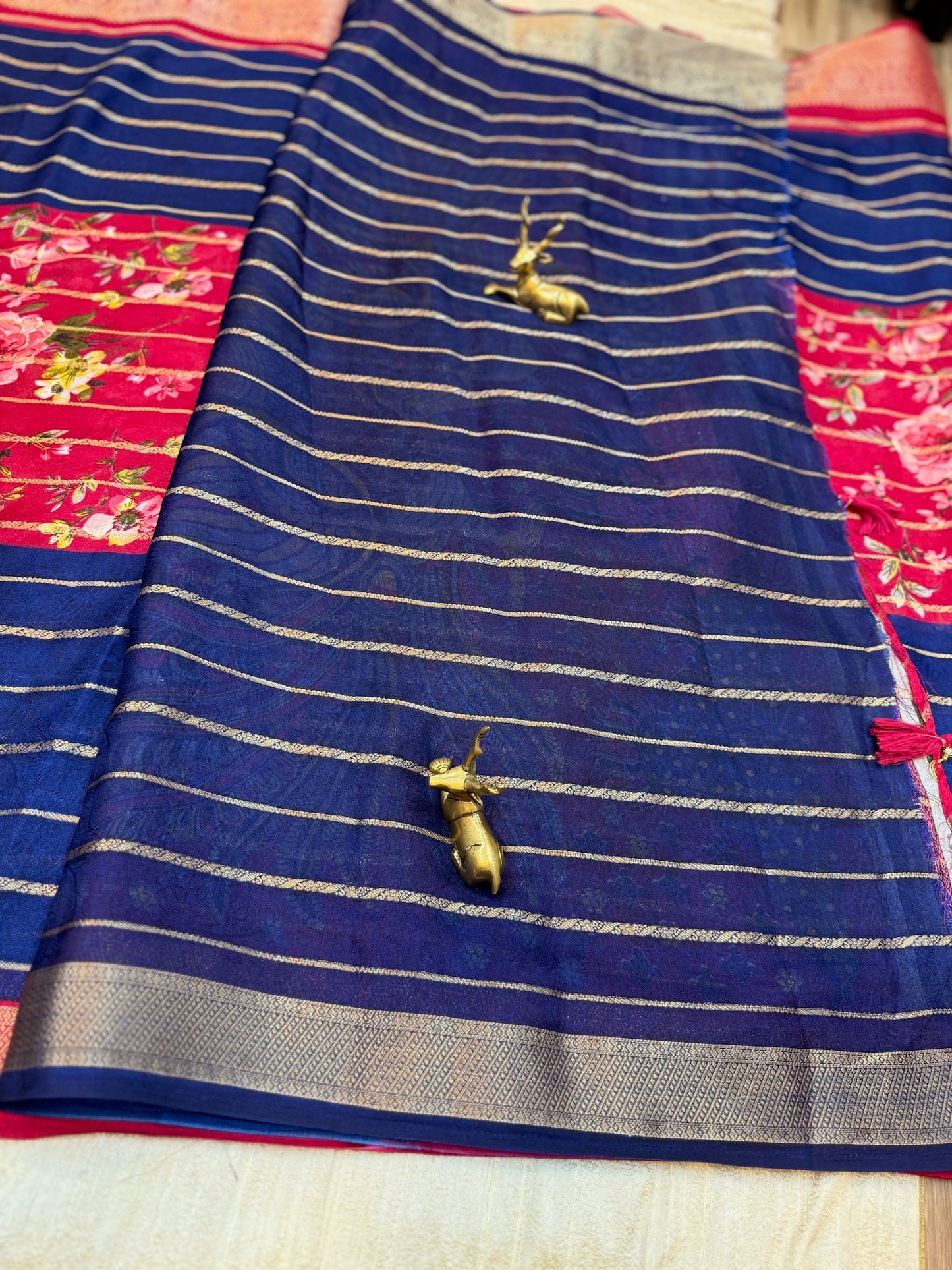 Semi Crepe Silk Saree with 3-part Floral print | Red and Blue