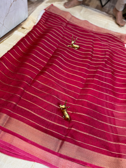 Semi Crepe Silk Saree with 3-part Floral print | Pink And White