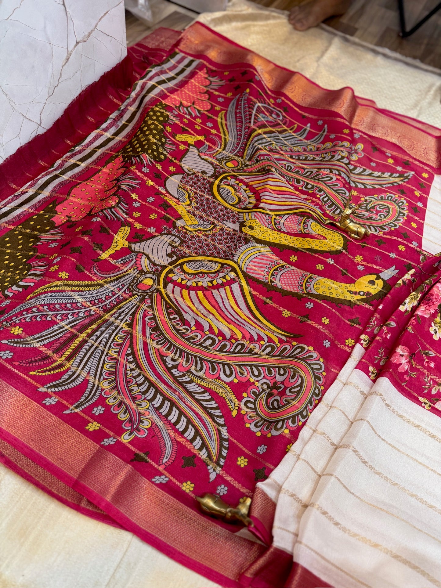 Semi Crepe Silk Saree with 3-part Floral print | Pink And White