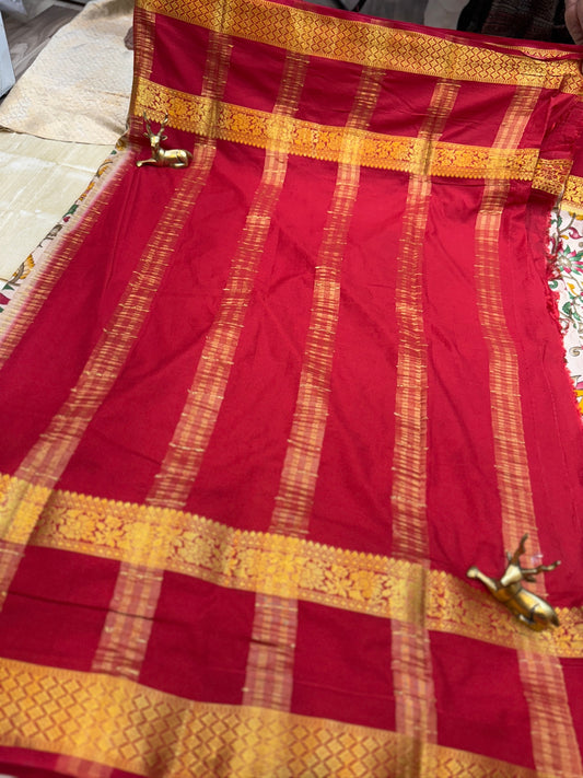Semi Crepe Silk Saree with Floral and Peacock print |White with Red border