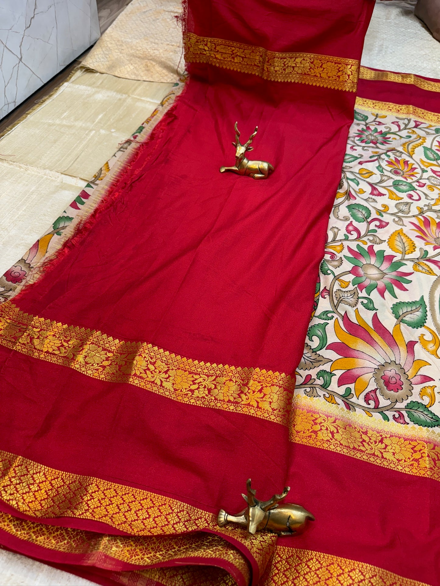 Semi Crepe Silk Saree with Floral and Peacock print |White with Red border