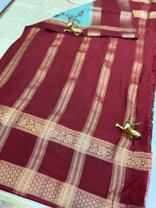 Semi Crepe Silk Saree with Peacock and Floral print | Blue with Red Border