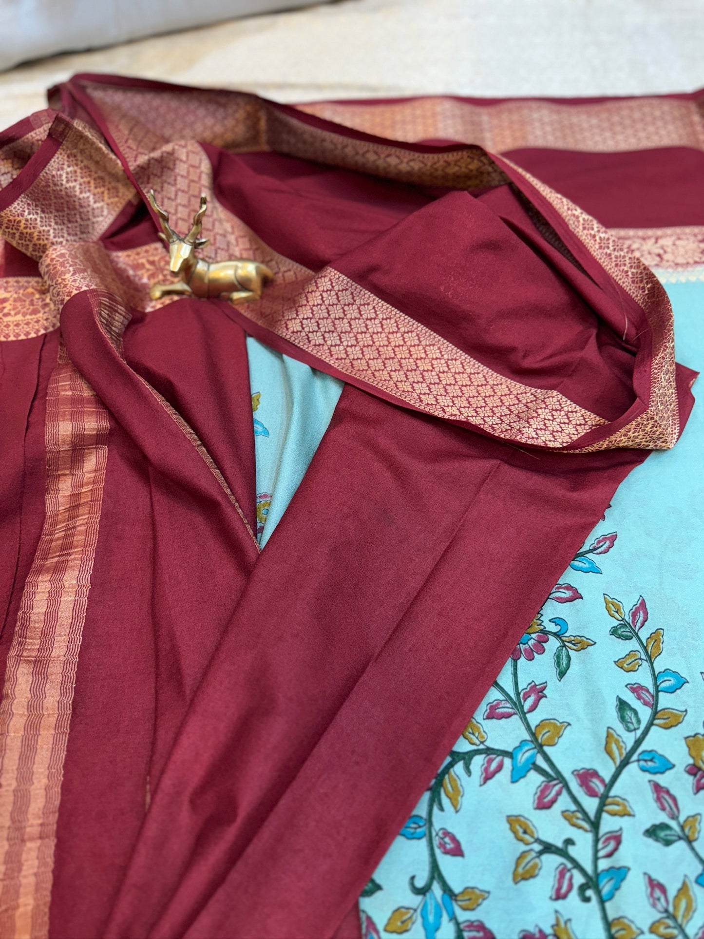 Semi Crepe Silk Saree with Peacock and Floral print | Blue with Red Border