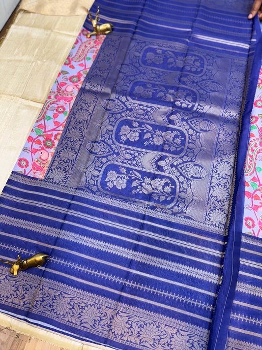 Semi Crepe Silk Saree with 3-part Floral print | Lavender with Blur border