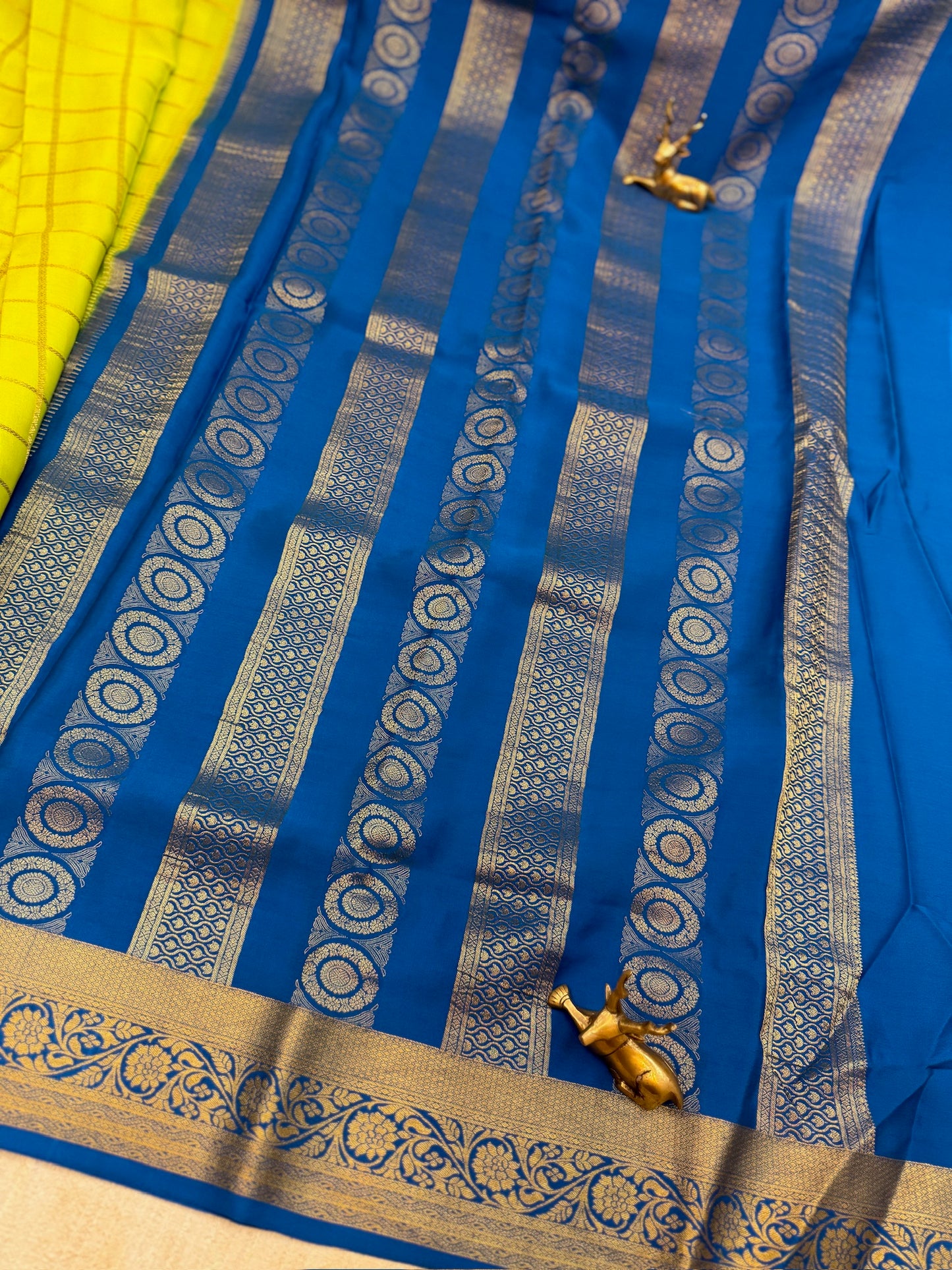 Pure Crepe Mysore Silk Saree with Checks and Floral Border | Yellow with Blue Border