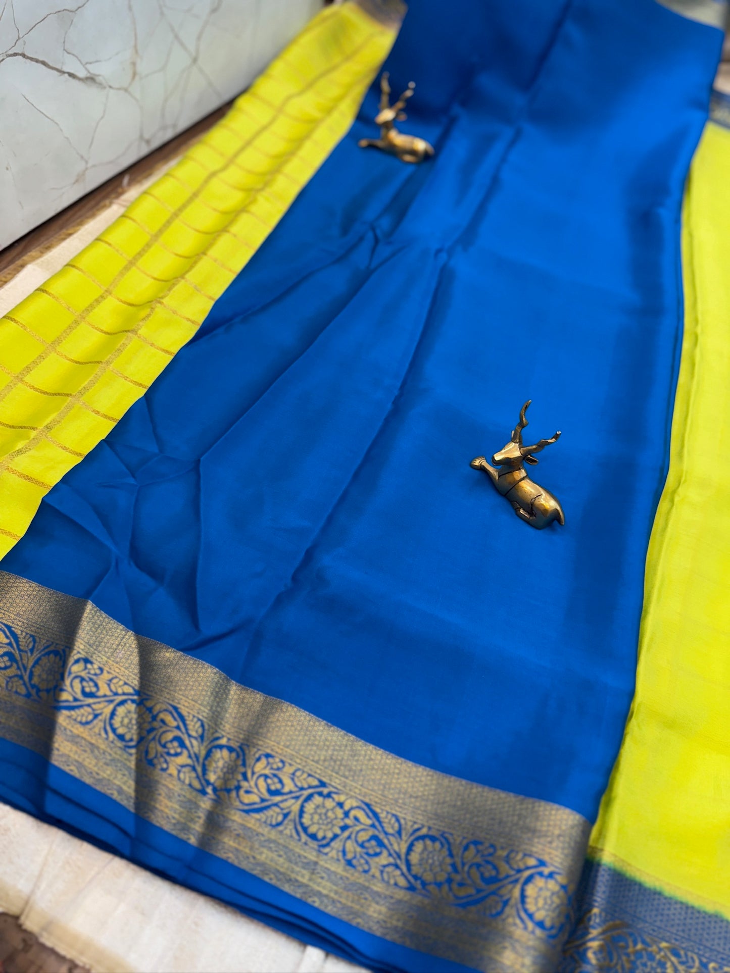 Pure Crepe Mysore Silk Saree with Checks and Floral Border | Yellow with Blue Border