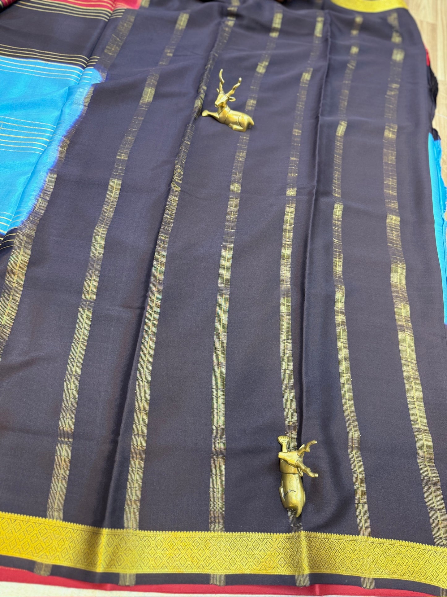 Pure Mysore Silk Saree with Bentex Border | Blue, Red and Black colours