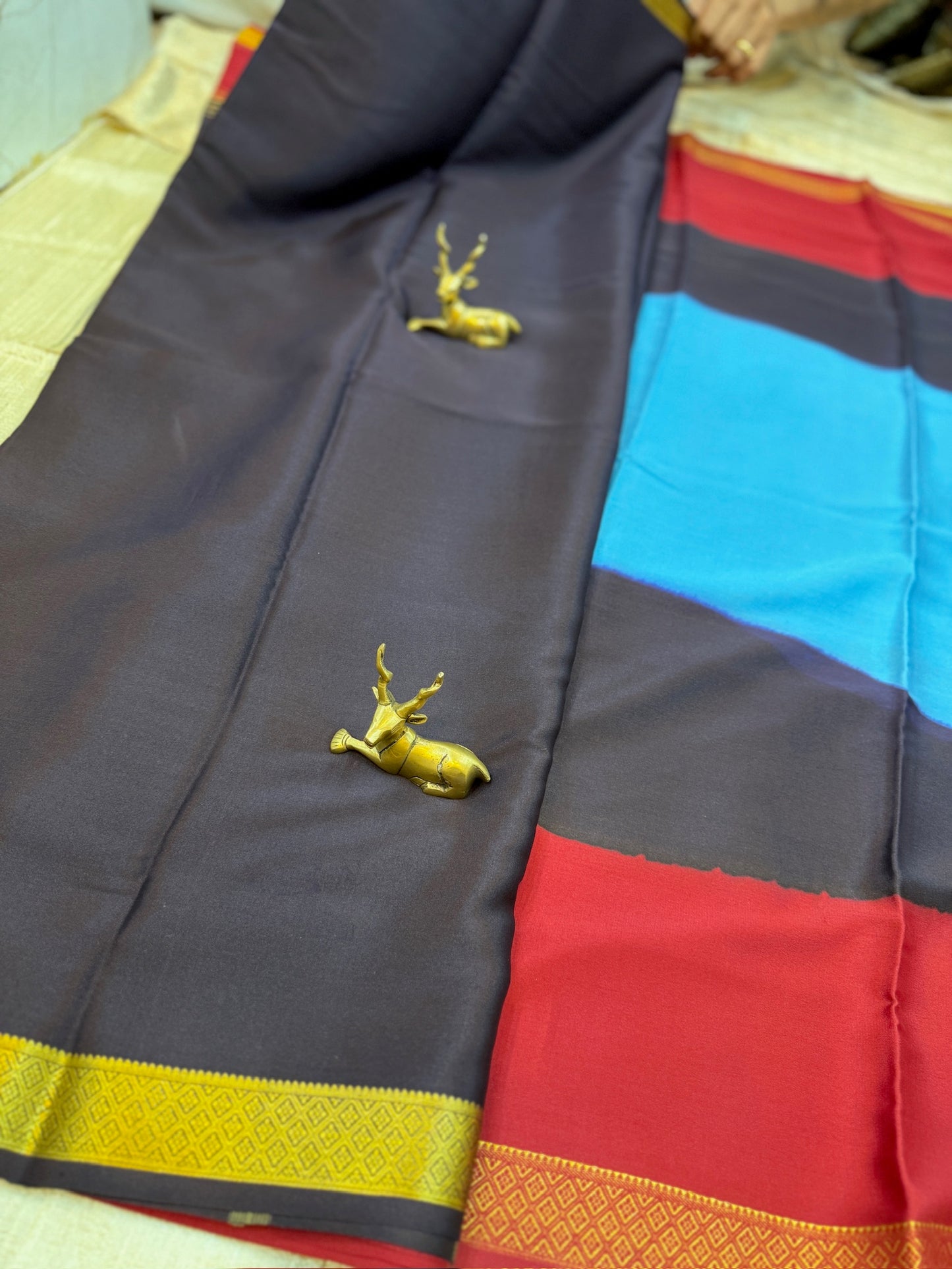 Pure Mysore Silk Saree with Bentex Border | Blue, Red and Black colours