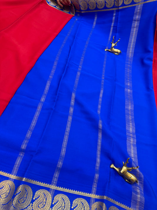 Pure Crepe Mysore Silk Saree with Mango Border | Red with Blue border