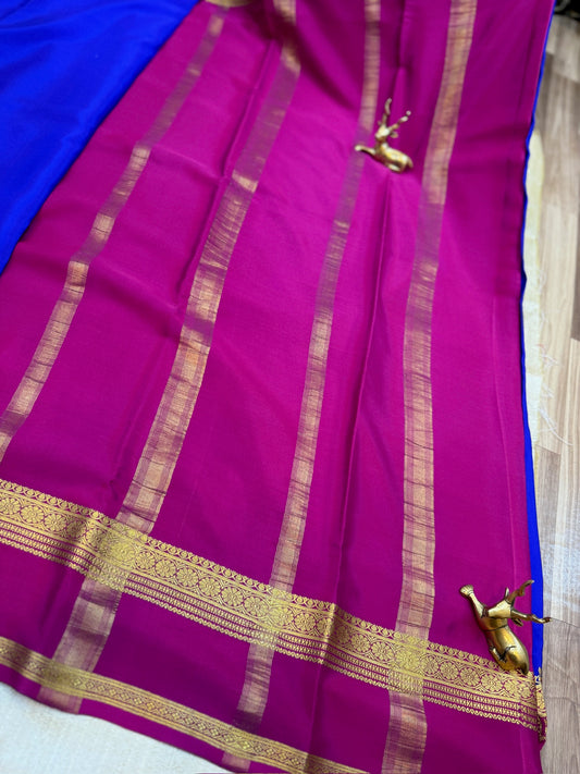 Pure Crepe Mysore Silk Saree with Bentex Border | Royal Blue with Magenta Border