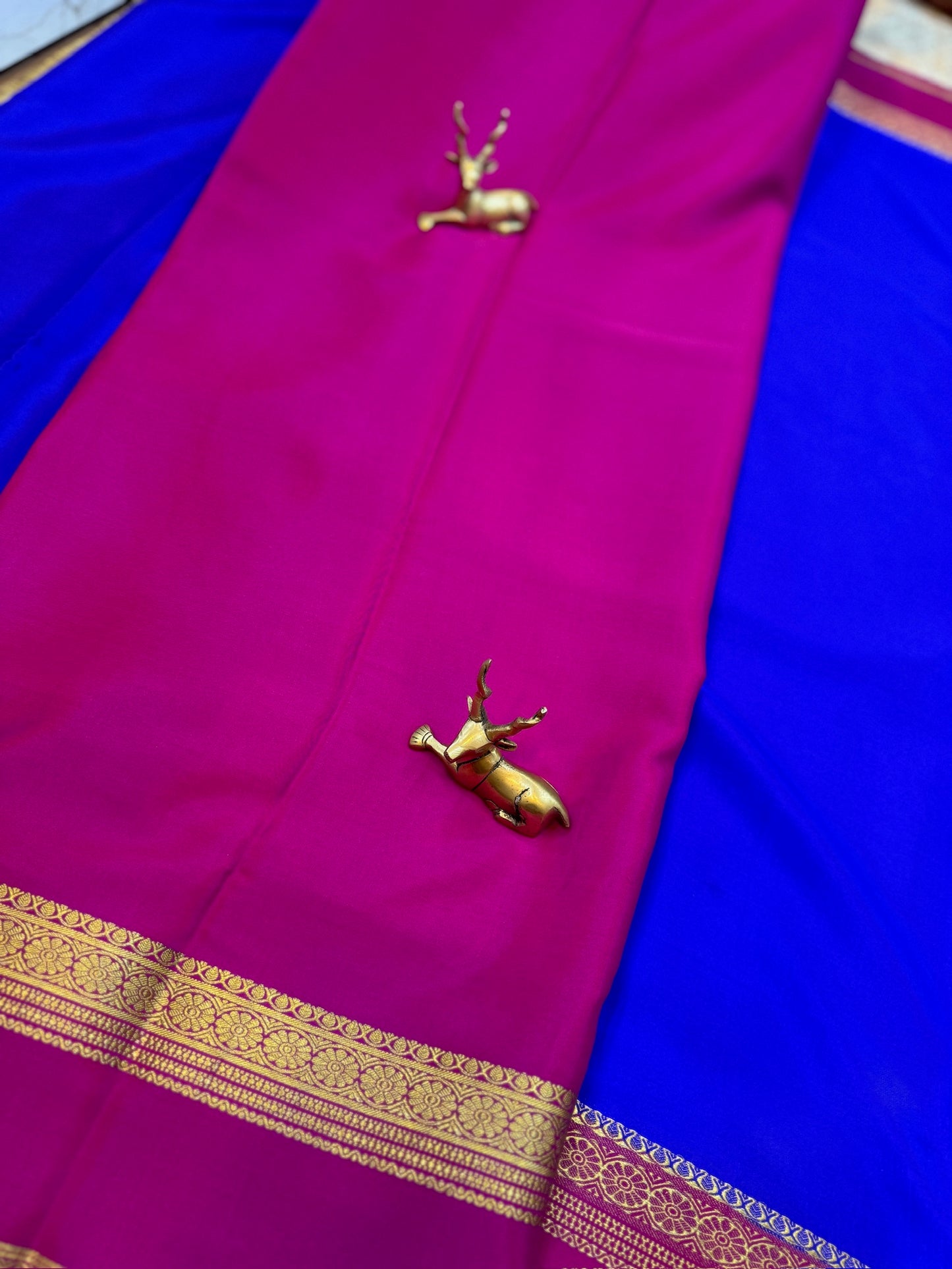 Pure Crepe Mysore Silk Saree with Bentex Border | Royal Blue with Magenta Border