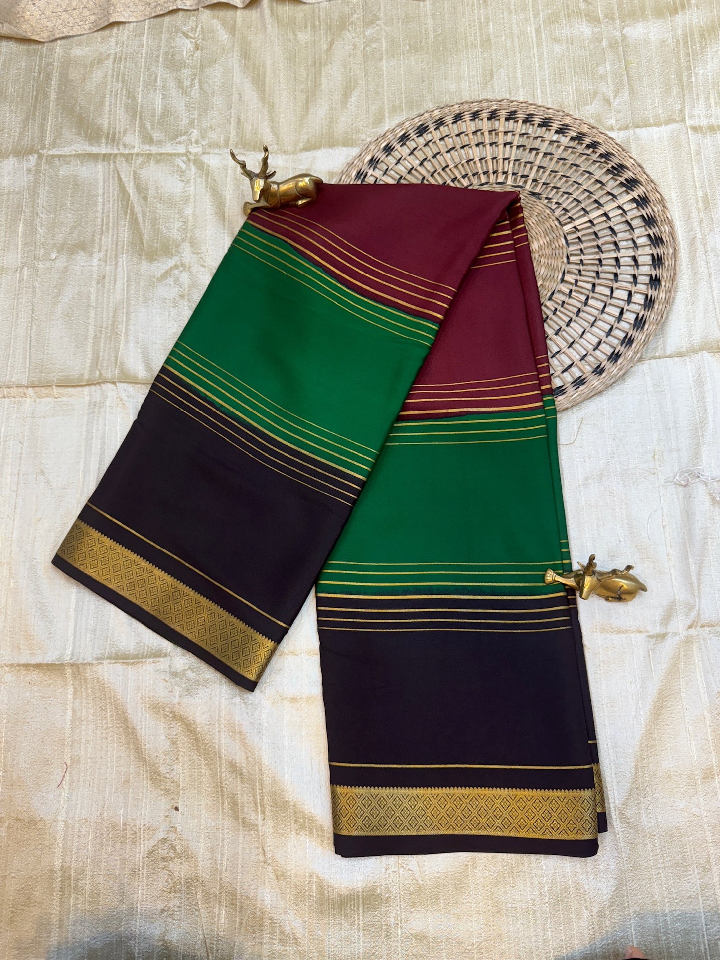 Pure Crepe Mysore Silk Saree Salara with Bentex border (Weaving Mistake Saree) | Red and Green with Black Border
