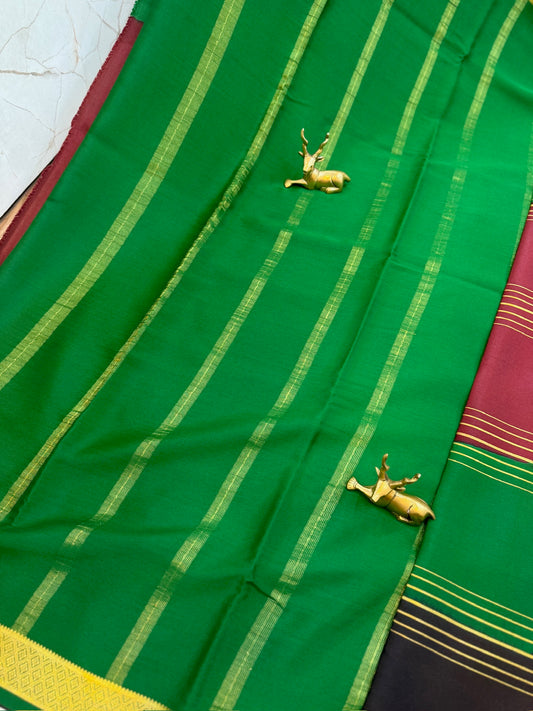 Pure Crepe Mysore Silk Saree Salara with Bentex border (Weaving Mistake Saree) | Red and Green with Black Border