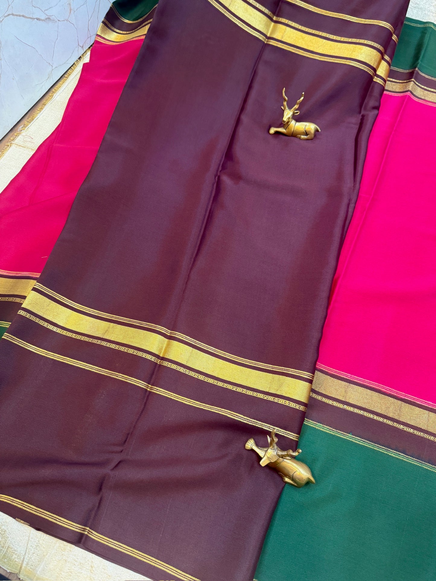 Pure Crepe Mysore Silk Saree with Bentex Border | Pink with Green Border