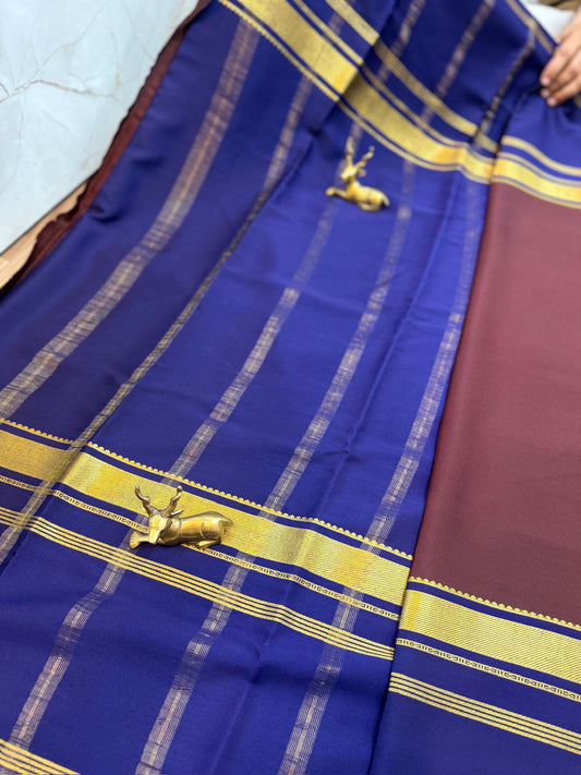 Pure Crepe Mysore Silk Saree 3D with Bentex Border | Brown with Navy Blue Border