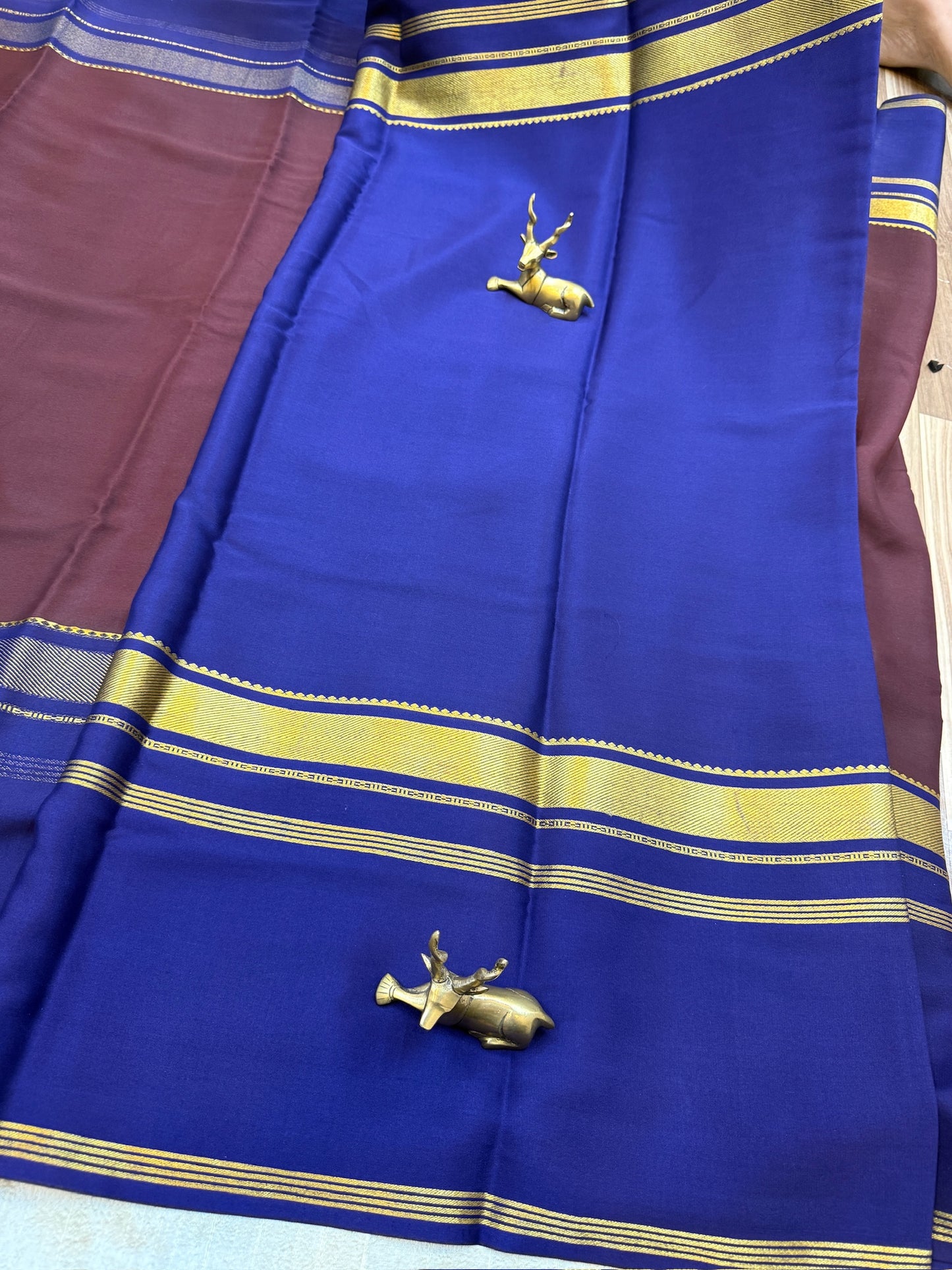 Pure Crepe Mysore Silk Saree 3D with Bentex Border | Brown with Navy Blue Border