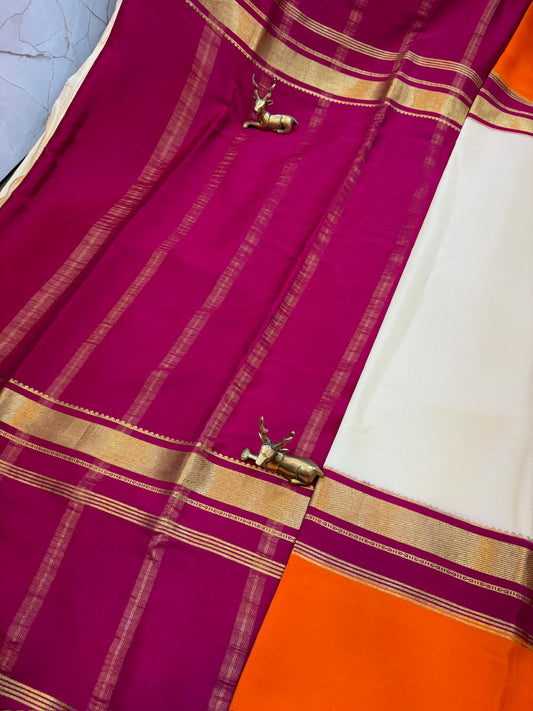 Pure Crepe Mysore Silk Saree with Bentex Border | Cream with orange Border