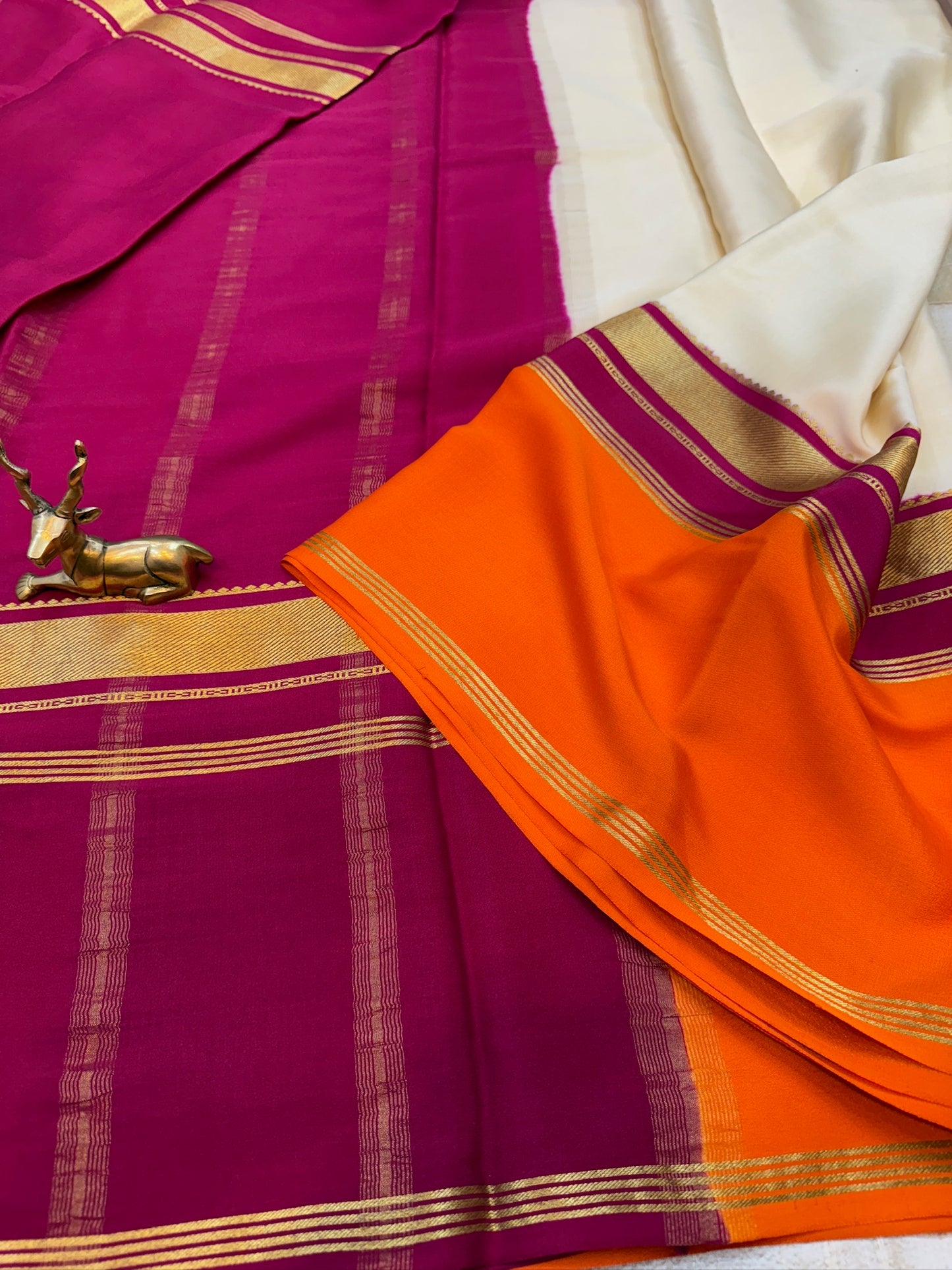 Pure Crepe Mysore Silk Saree with Bentex Border | Cream with orange Border
