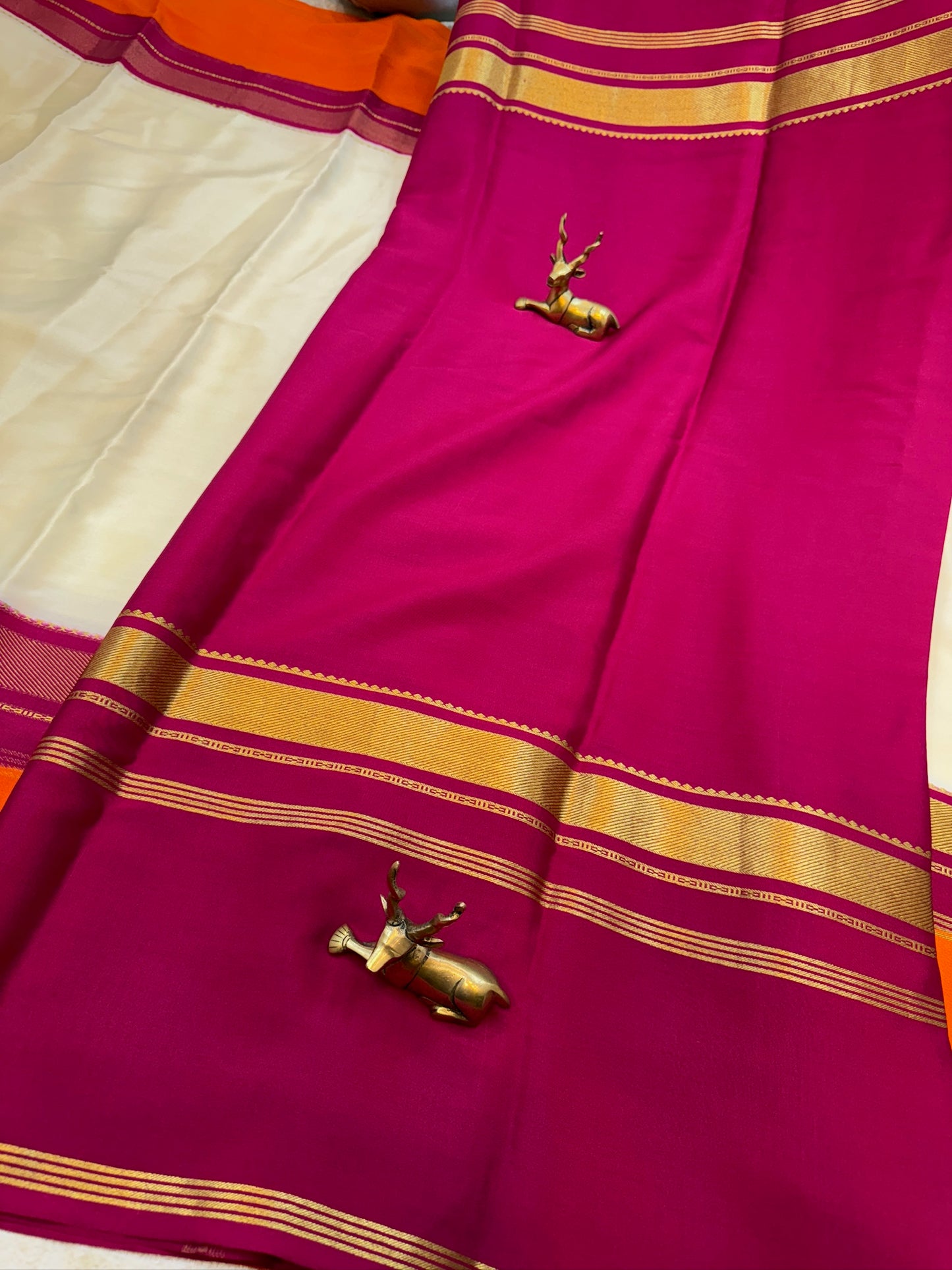 Pure Crepe Mysore Silk Saree with Bentex Border | Cream with orange Border