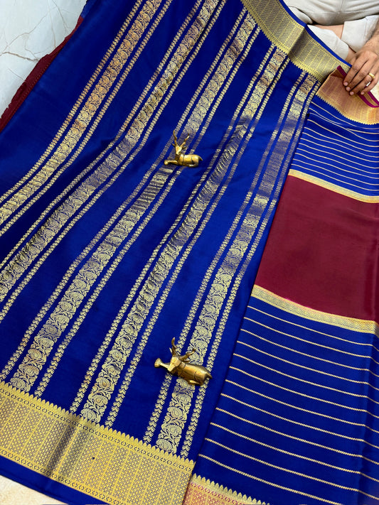 Pure Crepe Mysore Silk Saree Salari 3D (Weaving Mistake) | Brown with Royal Blue