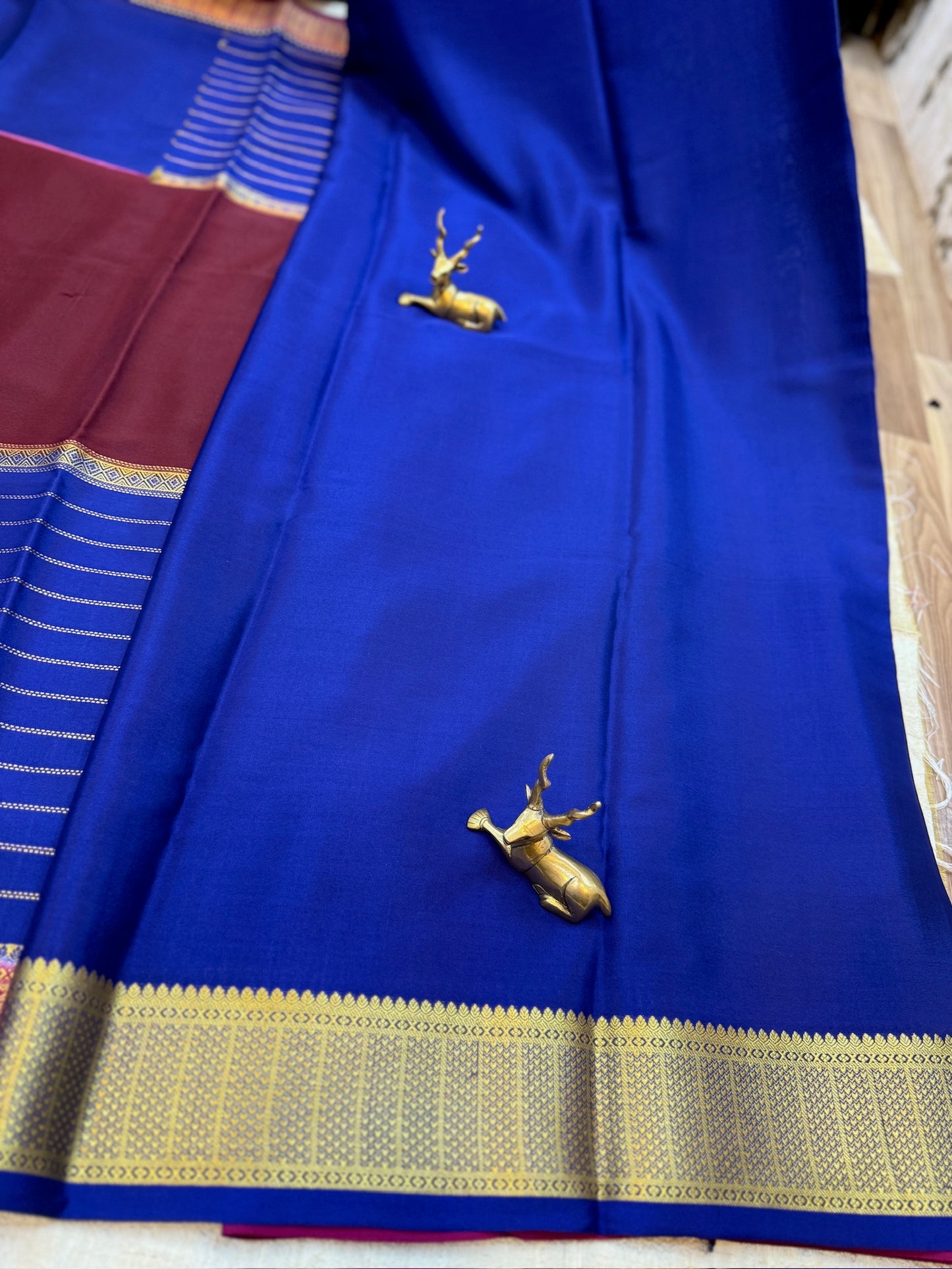 Pure Crepe Mysore Silk Saree Salari 3D (Weaving Mistake) | Brown with Royal Blue