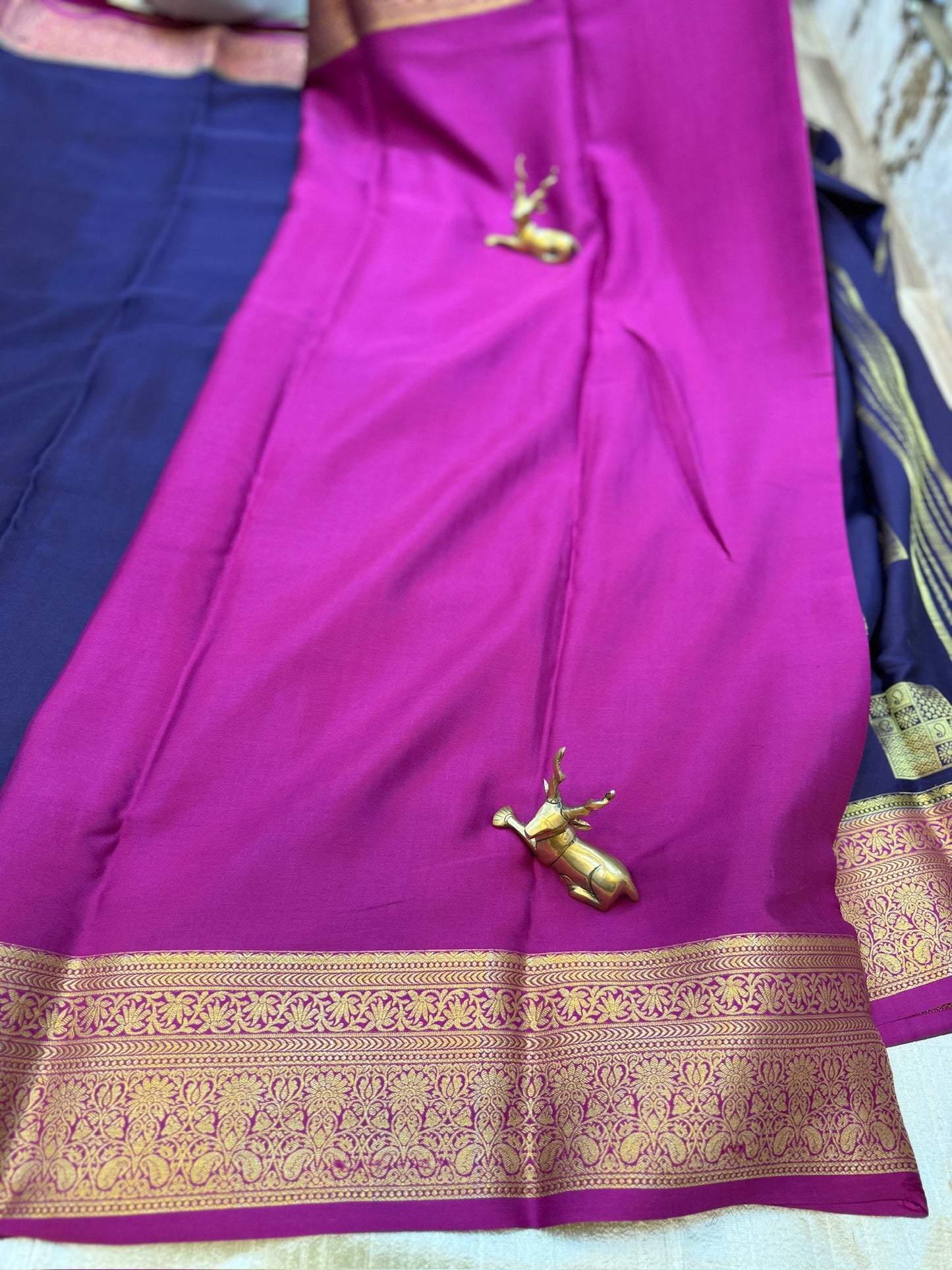 Pure Crepe Mysore Silk Saree with Box Butta | Navy Blue with Purple border
