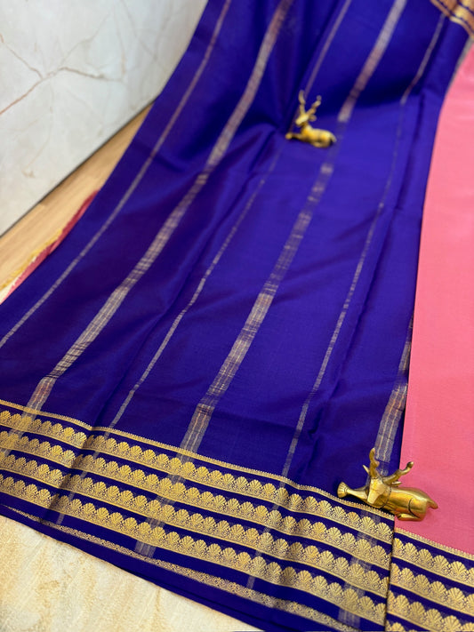 Pure Crepe Mysore Silk Saree | Pink with Navy Blue border