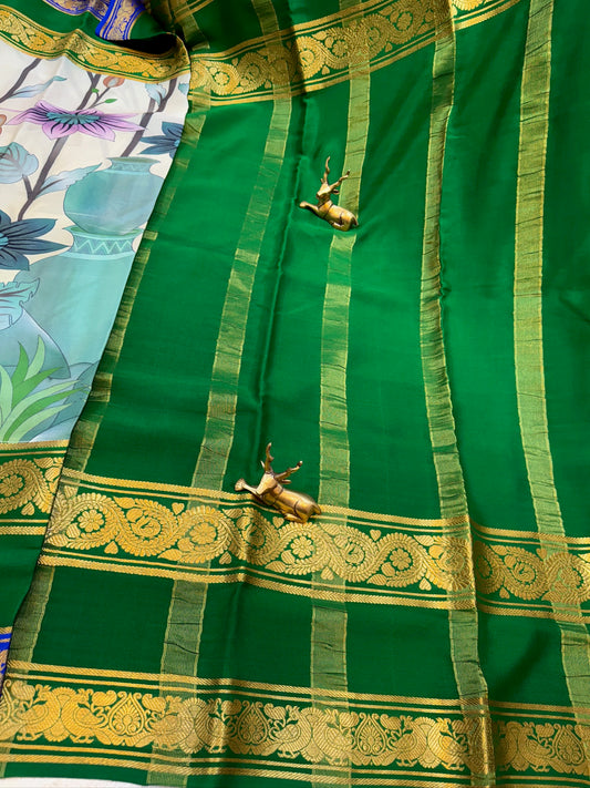 Pure Crepe Mysore Silk Saree with Floral Print | Green and Blue Border